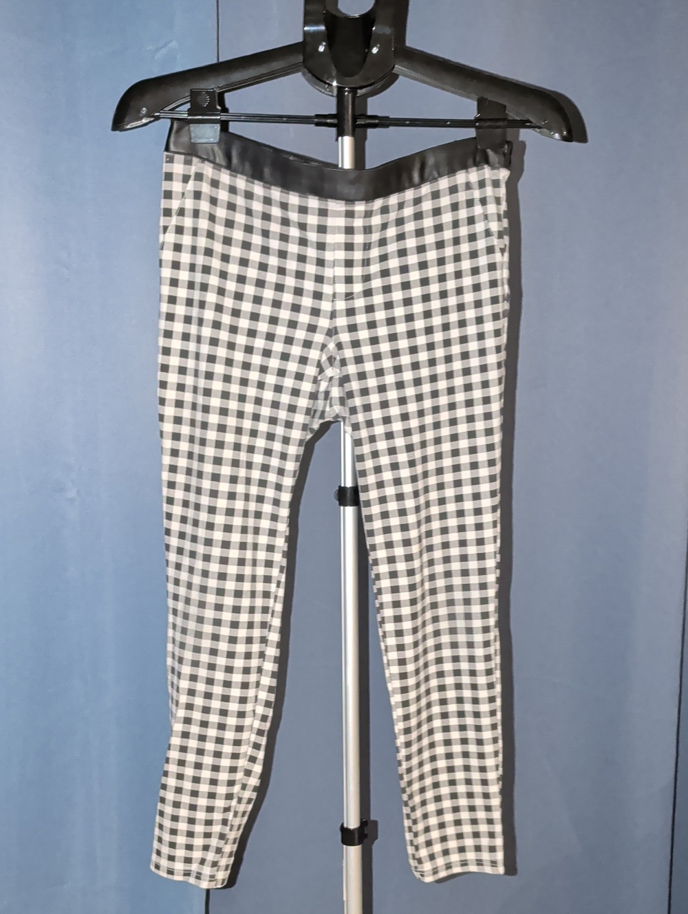 Black & White Checkered Pants with Faux Leather Waistband